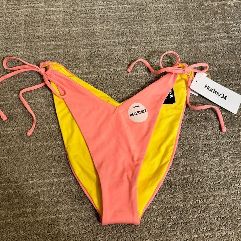 Hurley Solid Cheeky Reversible Side Tie Bikini Bottom Coral Yellow XL